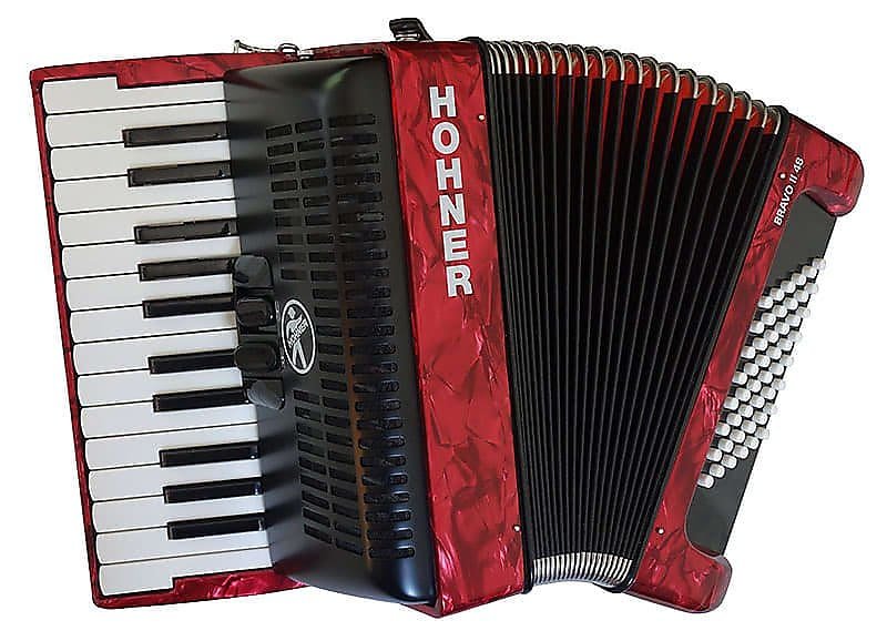 Acordeón Hohner BR48R-N Bravo II 48 con acabado rojo perlado y fuelle negro